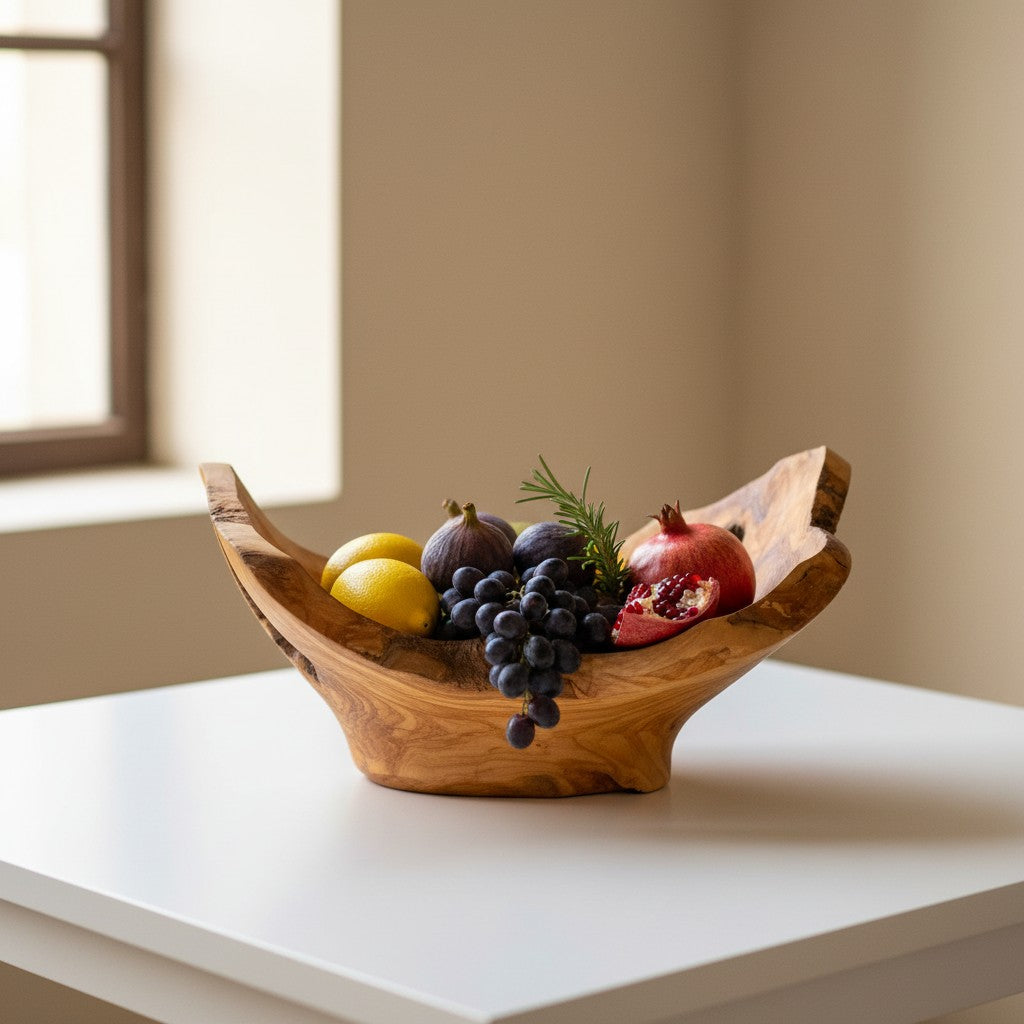 Handcrafted Olive Wood Pedestal Fruit Bowl (38x36x23) | Rustic Table Decor