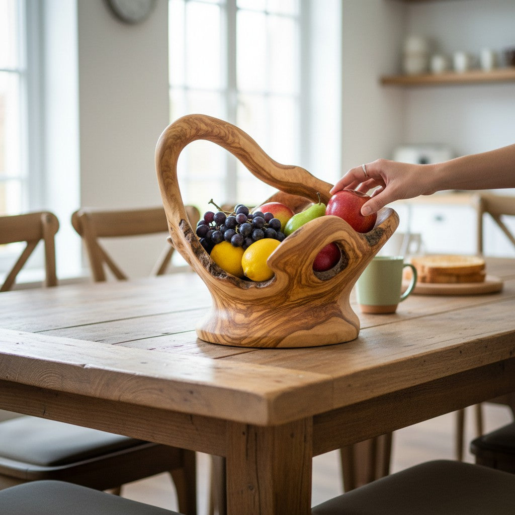 Large Olive Wood Fruit Bowl Basket with Handle 38x24x34cm Rustic Table Centerpiece