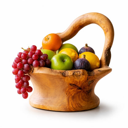 Large Olive Wood Fruit Bowl Basket with Handle 38x24x34cm Rustic Table Centerpiece