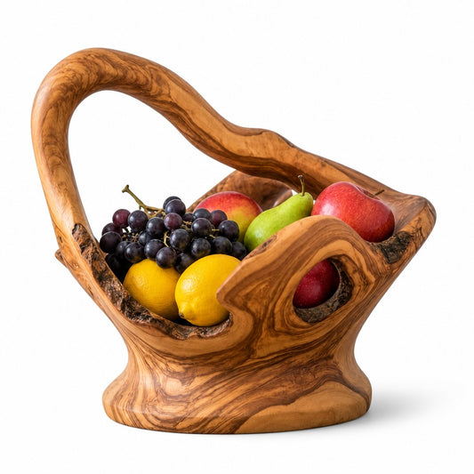 Large Olive Wood Fruit Bowl Basket with Handle 38x24x34cm Rustic Table Centerpiece