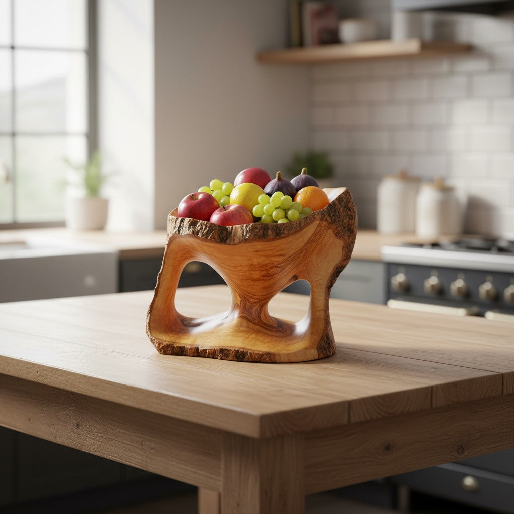 Large Olive Wood Fruit Bowl Basket with Handle 25x20x20 cm Rustic Table Centerpiece