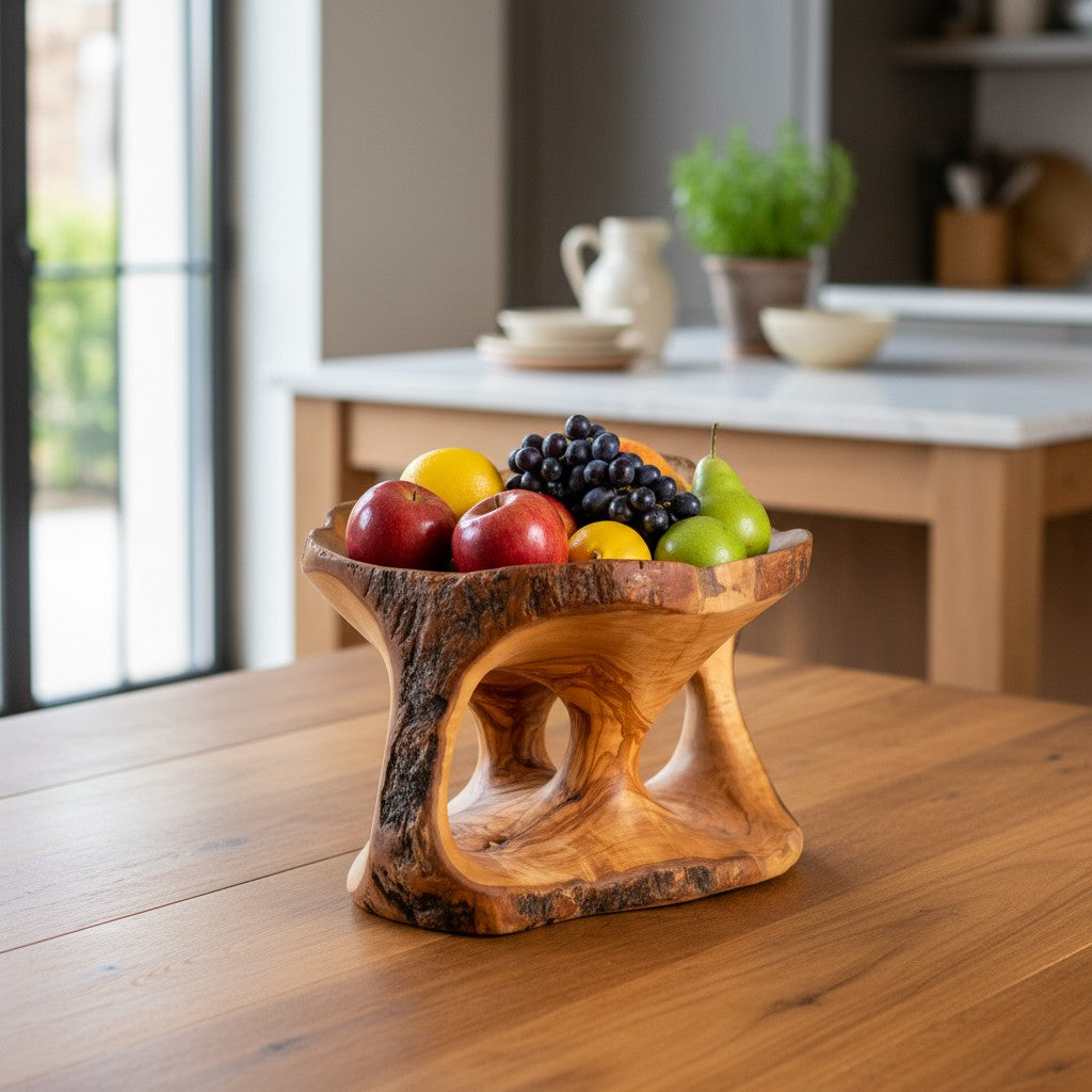 Large Olive Wood Fruit Bowl Basket with Handle 25x20x20 cm Rustic Table Centerpiece