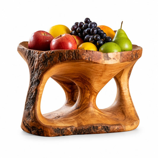 Large Olive Wood Fruit Bowl Basket with Handle 25x20x20 cm Rustic Table Centerpiece