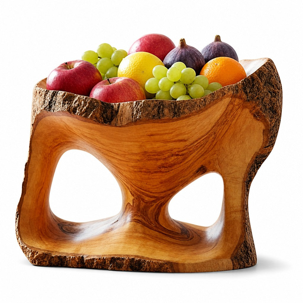 Large Olive Wood Fruit Bowl Basket with Handle 25x20x20 cm Rustic Table Centerpiece