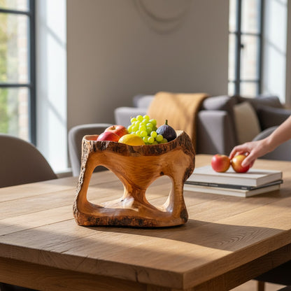 Large Olive Wood Fruit Bowl Basket with Handle 25x20x20 cm Rustic Table Centerpiece