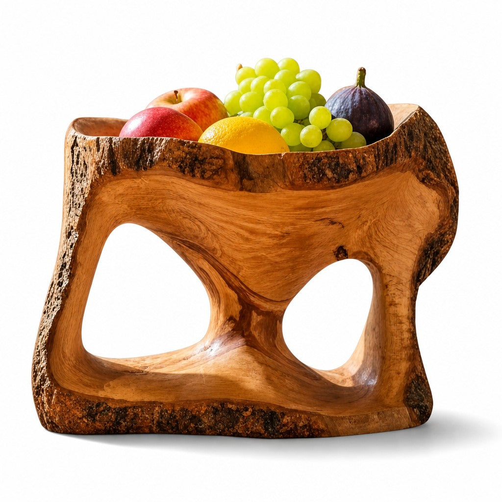 Large Olive Wood Fruit Bowl Basket with Handle 25x20x20 cm Rustic Table Centerpiece
