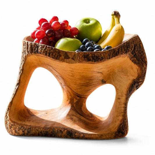 Large Olive Wood Fruit Bowl Basket with Handle 25x20x20 cm Rustic Table Centerpiece