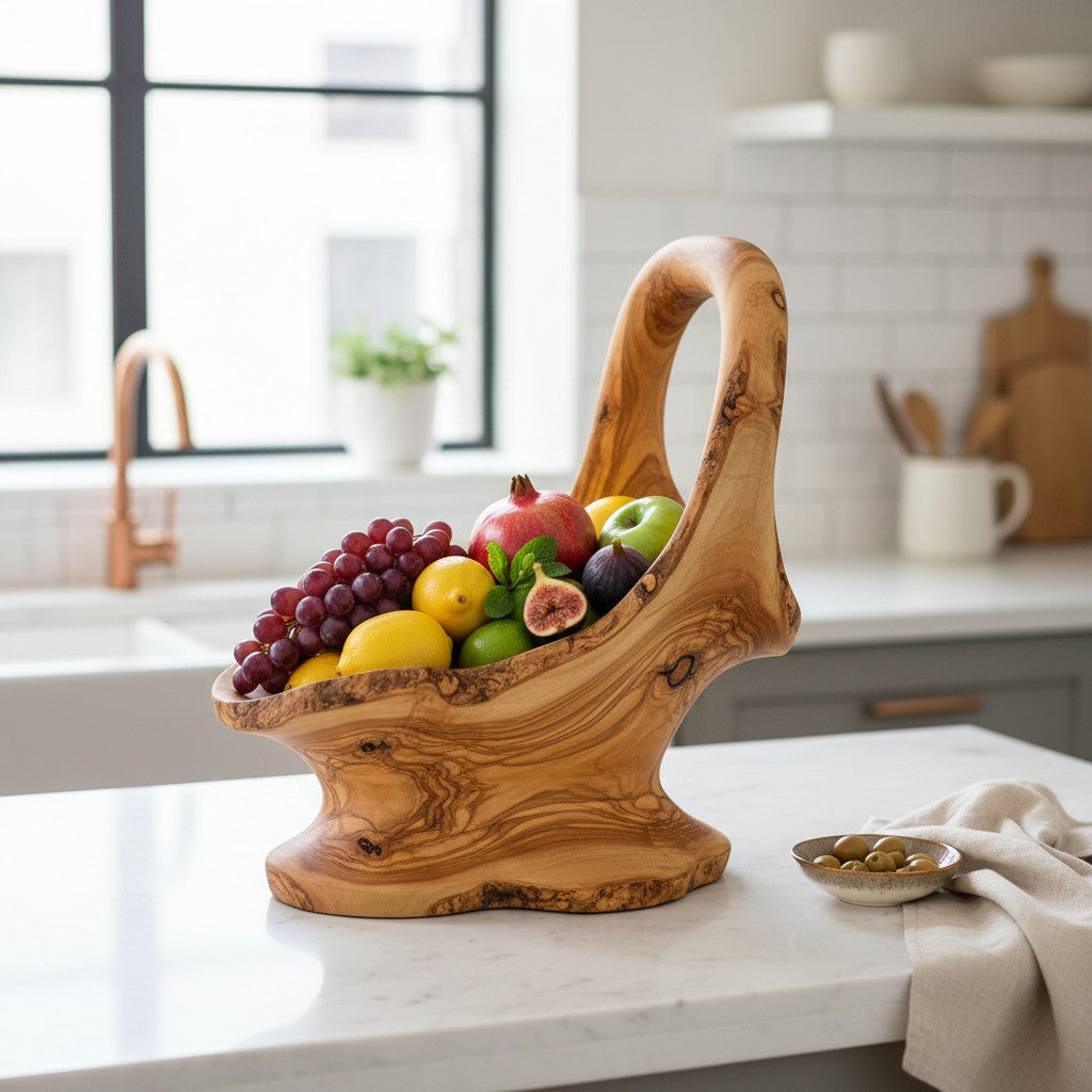 Handcrafted Olive Wood Pedestal Fruit Bowl (36x20x35) | Rustic Table Decor