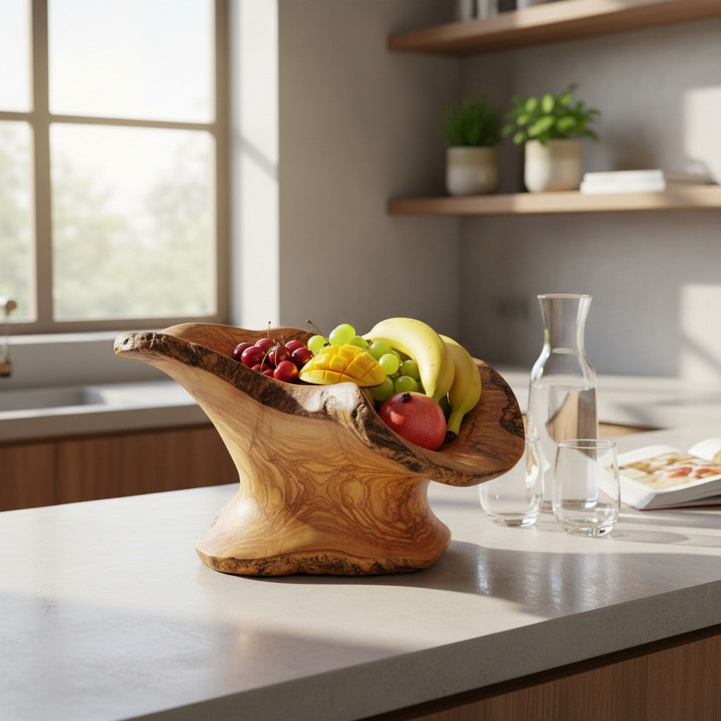 Large Olive Wood Fruit Bowl Basket with Handle 36x20x17 cm Rustic Table Centerpiece