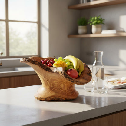 Large Olive Wood Fruit Bowl Basket with Handle 36x20x17 cm Rustic Table Centerpiece
