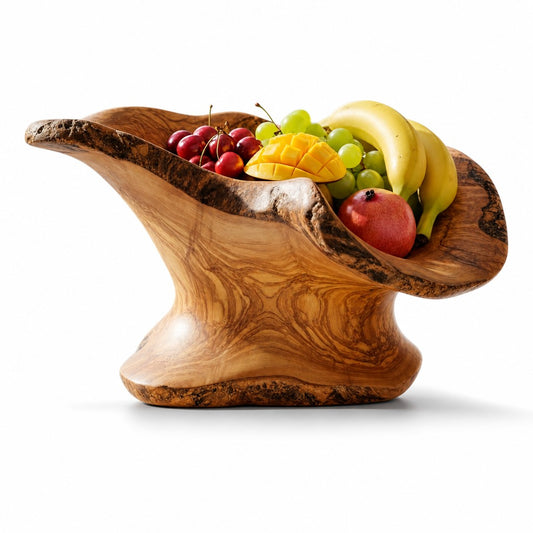 Large Olive Wood Fruit Bowl Basket with Handle 36x20x17 cm Rustic Table Centerpiece