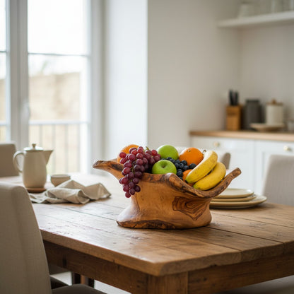 Large Olive Wood Fruit Bowl Basket with Handle 36x20x17 cm Rustic Table Centerpiece