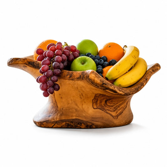 Large Olive Wood Fruit Bowl Basket with Handle 36x20x17 cm Rustic Table Centerpiece