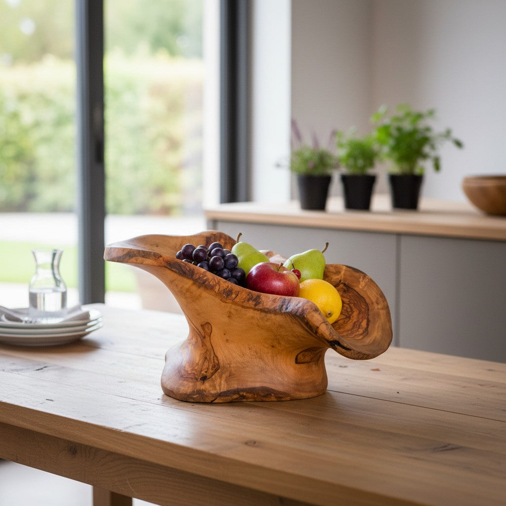 Large Olive Wood Fruit Bowl Basket with Handle 36x20x17 cm Rustic Table Centerpiece