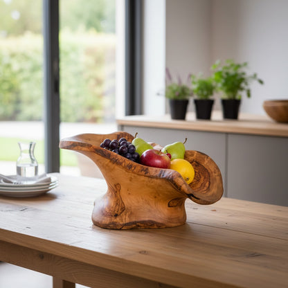 Large Olive Wood Fruit Bowl Basket with Handle 36x20x17 cm Rustic Table Centerpiece