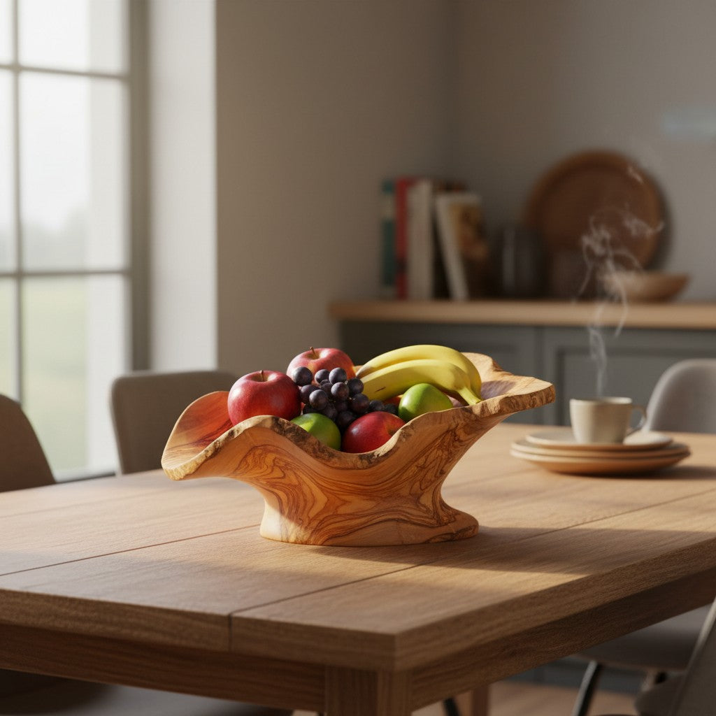 Large Olive Wood Fruit Bowl Basket with Handle 36x20x17 cm Rustic Table Centerpiece