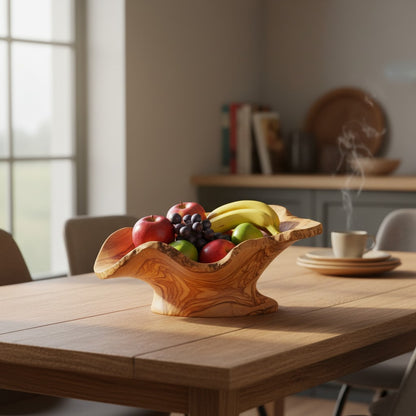 Large Olive Wood Fruit Bowl Basket with Handle 36x20x17 cm Rustic Table Centerpiece