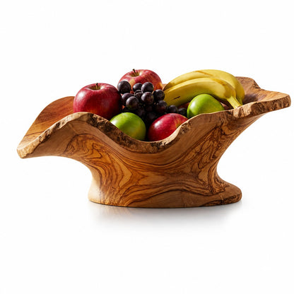 Large Olive Wood Fruit Bowl Basket with Handle 36x20x17 cm Rustic Table Centerpiece