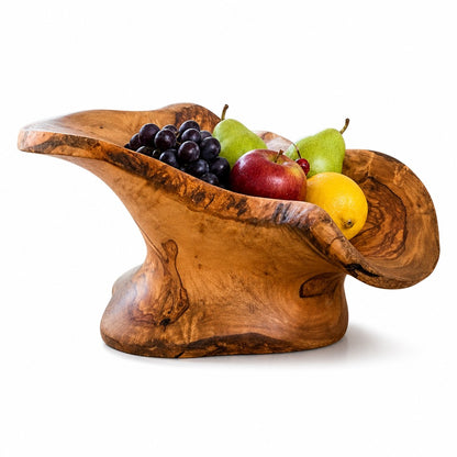 Large Olive Wood Fruit Bowl Basket with Handle 36x20x17 cm Rustic Table Centerpiece