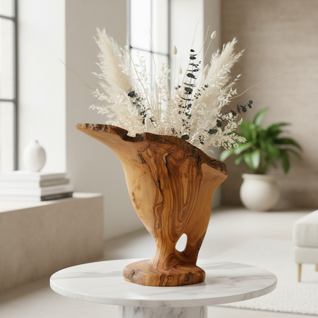 Handcrafted Olive Wood Pitcher Vase (33x20x30) | One-of-a-Kind Real Piece