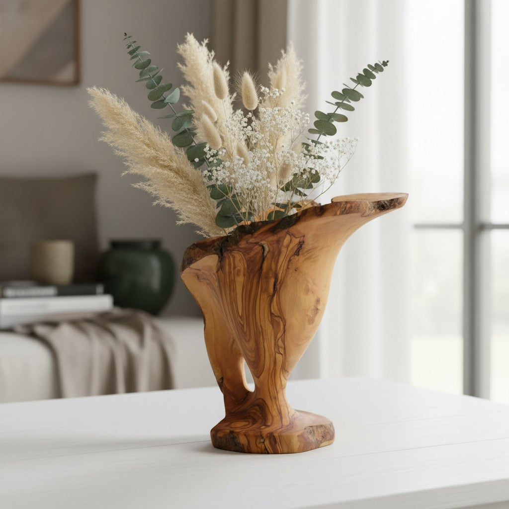 Handcrafted Olive Wood Pitcher Vase (33x20x30) | One-of-a-Kind Real Piece