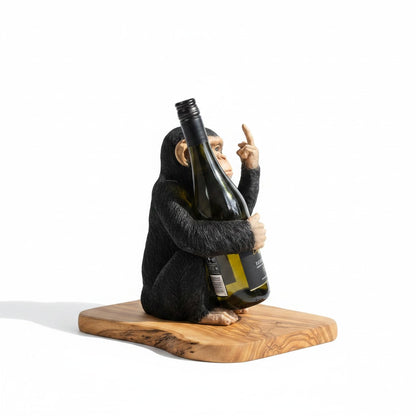 Funny Chimp Monkey Wine Bottle Holder | Luxury Olive Wood Base Countertop Display