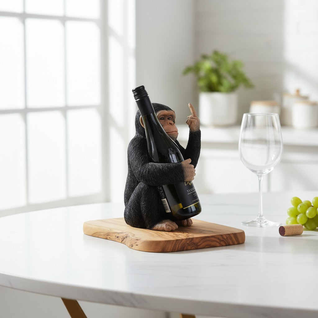 Funny Chimp Monkey Wine Bottle Holder | Luxury Olive Wood Base Countertop Display