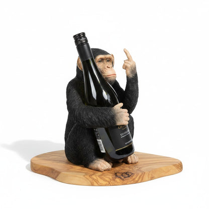 Funny Chimp Monkey Wine Bottle Holder | Luxury Olive Wood Base Countertop Display