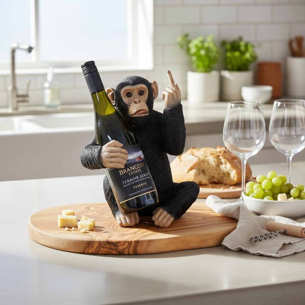 Funny Chimp Monkey Wine Bottle Holder | Luxury Olive Wood Base Countertop Display