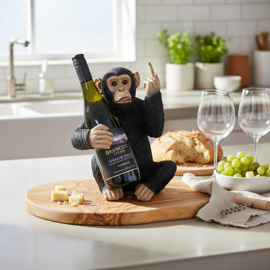 Funny Chimp Monkey Wine Bottle Holder | Luxury Olive Wood Base Countertop Display