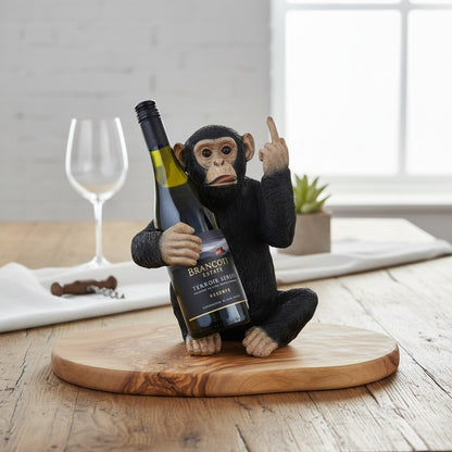Funny Chimp Monkey Wine Bottle Holder | Luxury Olive Wood Base Countertop Display