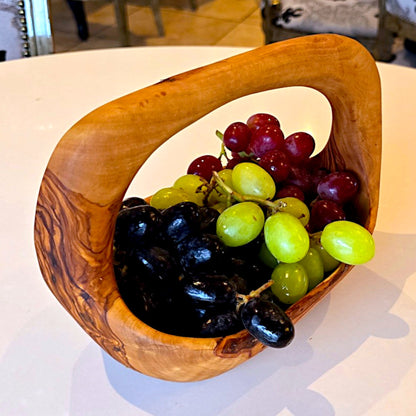 Olive Wood Wooden Decorative Fruit Basket/Bowl with Handle