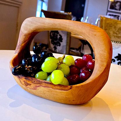 Olive Wood Wooden Decorative Fruit Basket/Bowl with Handle