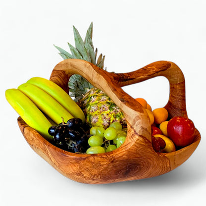 Olive Wood Wooden Decorative Fruit Basket/Bowl with Handle