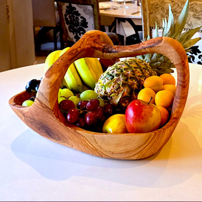 Olive Wood Wooden Decorative Fruit Basket/Bowl with Handle