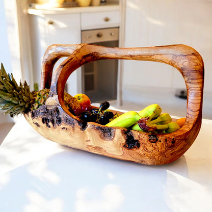 Olive Wood Wooden Decorative Fruit Basket/Bowl with Handle