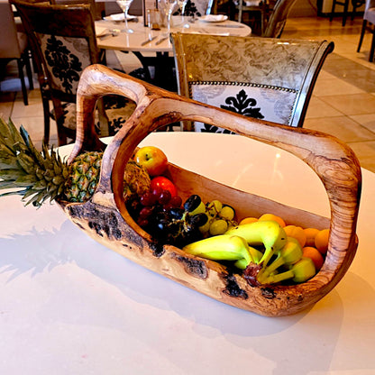 Olive Wood Wooden Decorative Fruit Basket/Bowl with Handle