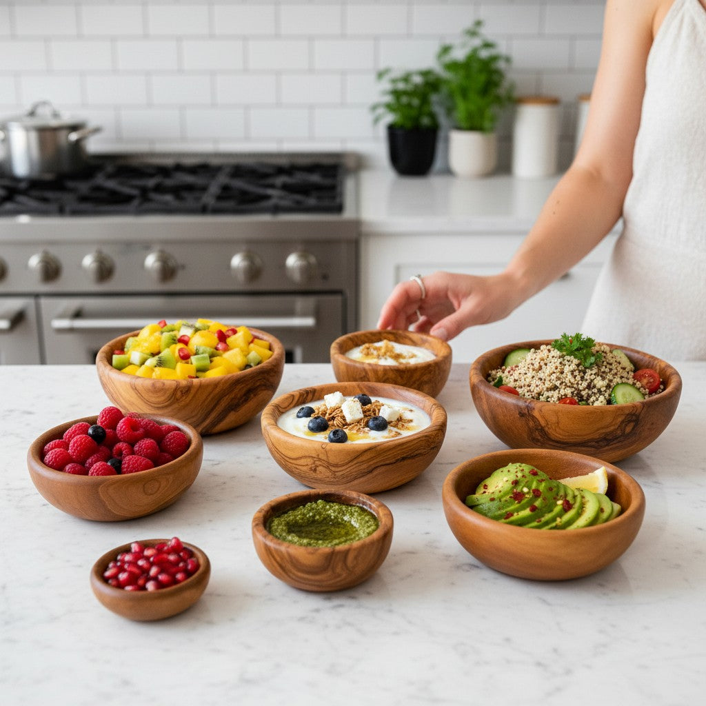 Handmade Olive Wood Bowl Set of 6 | Graduated Nesting Fruit Snack & Serving Bowls | Beautiful Natural Grain | Sizes 8–18 cm