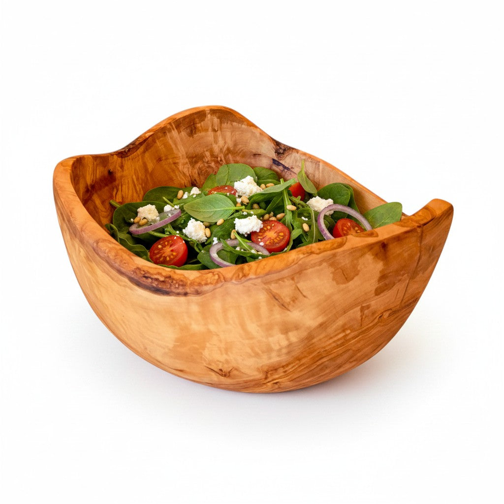 Handmade Olive Wood Live Edge Salad Bowl | Deep Freeform Fruit Serving & Mixing Bowl | Unique Natural Bark Edge | 12–38 cm