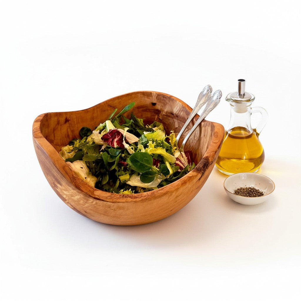 Handmade Olive Wood Live Edge Salad Bowl | Deep Freeform Fruit Serving & Mixing Bowl | Unique Natural Bark Edge | 12–38 cm