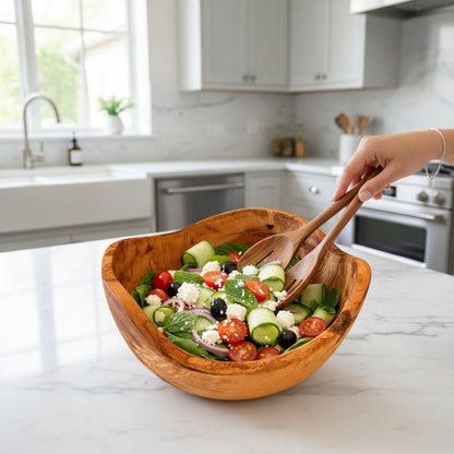 Handmade Olive Wood Live Edge Salad Bowl | Deep Freeform Fruit Serving & Mixing Bowl | Unique Natural Bark Edge | 12–38 cm