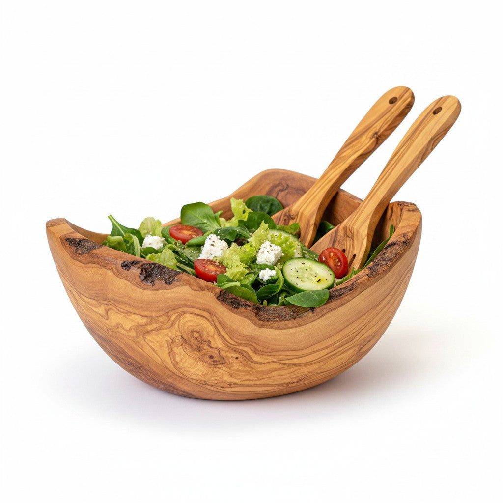 Handmade Olive Wood Live Edge Salad Bowl | Deep Freeform Fruit Serving & Mixing Bowl | Unique Natural Bark Edge | 12–38 cm