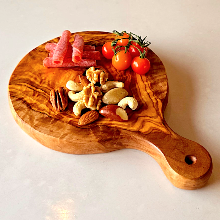 Olive Wood Round Pizza Board with Handle | End Grain Chopping/Cutting/Serving Board | Various sizes