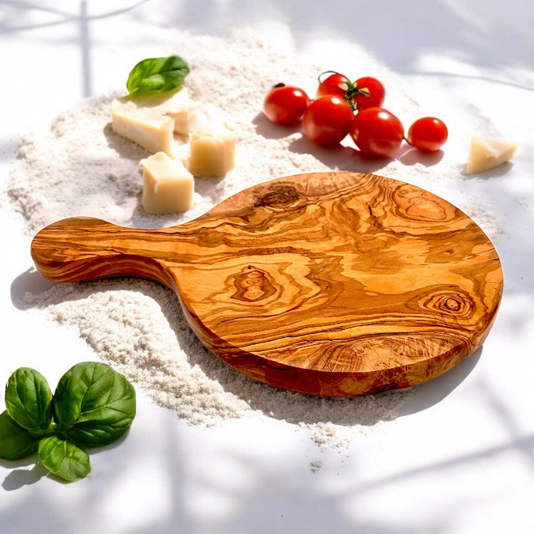 Olive Wood Round Pizza Board with Handle | End Grain Chopping/Cutting/Serving Board | Various sizes