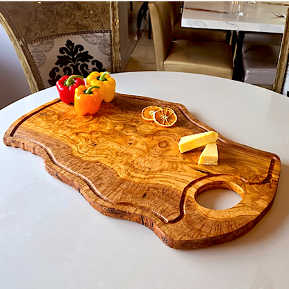 Olive Wood Large Solid Irregular Shape Cutting Board with Handle and Groove | 40 - 70cm