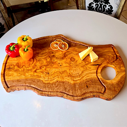 Olive Wood Large Solid Irregular Shape Cutting Board with Handle and Groove | 40 - 70cm