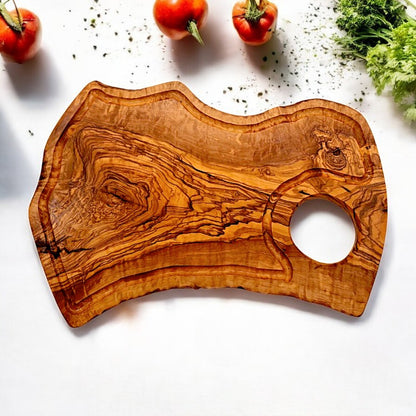 Olive Wood Large Solid Irregular Shape Cutting Board with Handle and Groove | 40 - 70cm