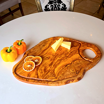 Olive Wood Large Solid Irregular Shape Cutting Board with Handle and Groove | 40 - 70cm