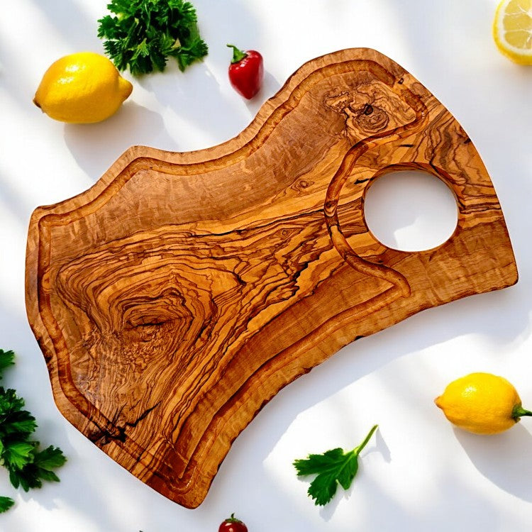 Olive Wood Large Solid Irregular Shape Cutting Board with Handle and Groove | 40 - 70cm