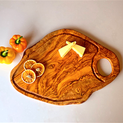 Olive Wood Large Solid Irregular Shape Cutting Board with Handle and Groove | 40 - 70cm